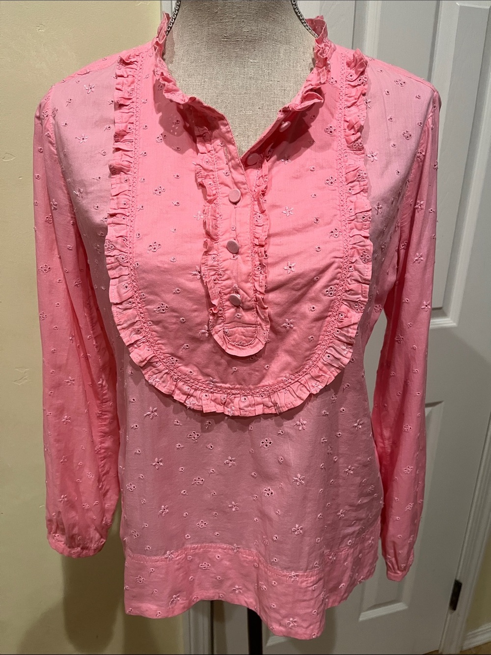 J. Crew Pink Ruffle Bib Eyelet Blouse